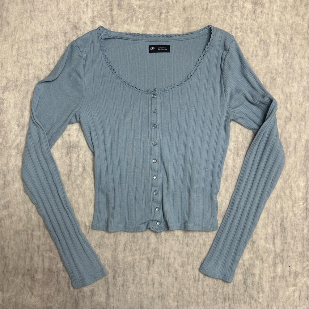 Gap Blue Cropped Pointelle Cardigan Long Sleeve - Blue